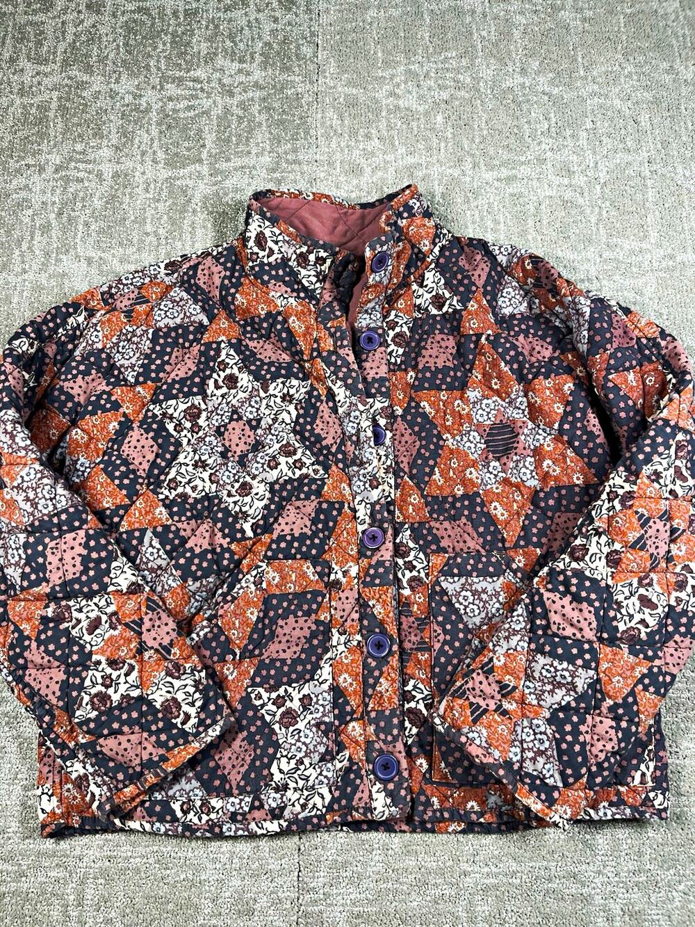 Garnet Hill Quilted Floral Patchwork Jacket Button Front Pockets Women’s S